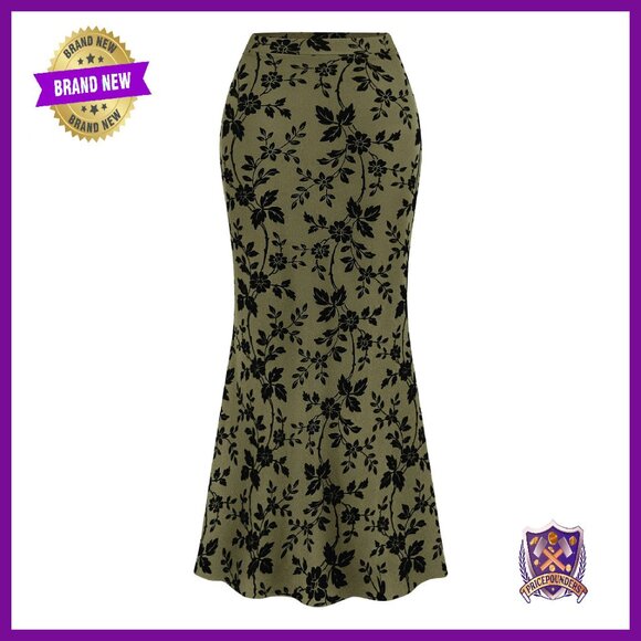 Floral Mesh Maxi Skirt High Waist Mermaid Hem Elegant Slim Fit